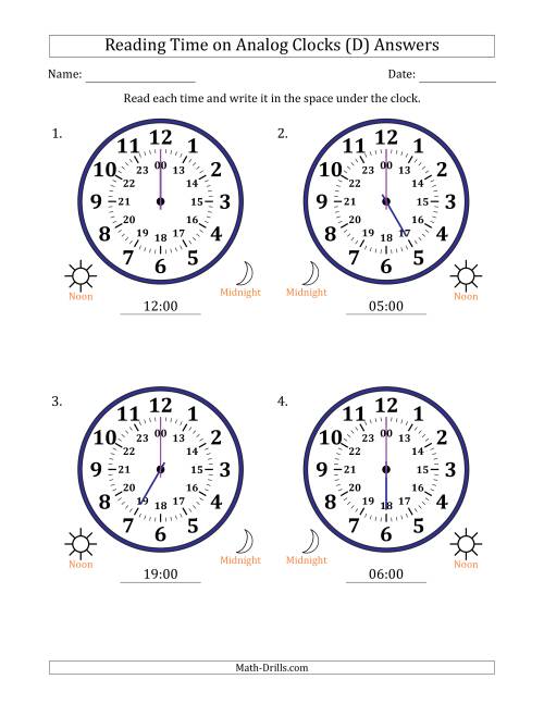 The Reading 24 Hour Time on Analog Clocks in One Hour Intervals (4 Large Clocks) (D) Math Worksheet Page 2
