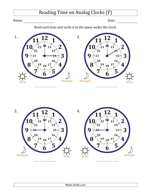 The Reading 24 Hour Time on Analog Clocks in One Hour Intervals (4 Large Clocks) (F) Math Worksheet