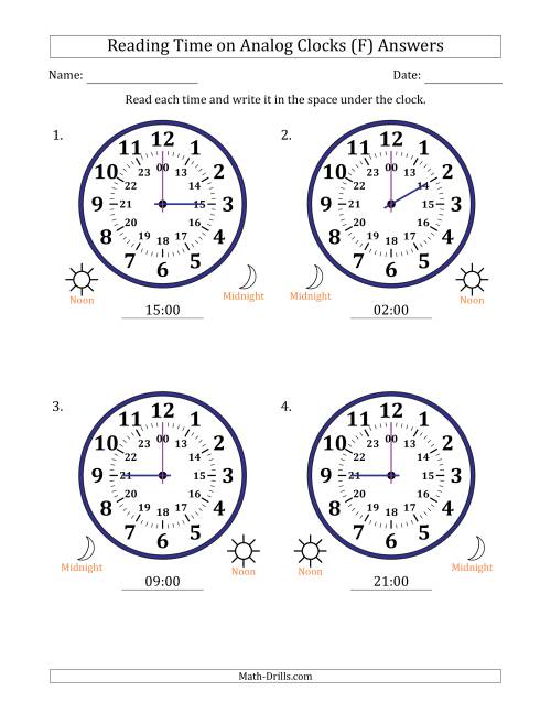 The Reading 24 Hour Time on Analog Clocks in One Hour Intervals (4 Large Clocks) (F) Math Worksheet Page 2