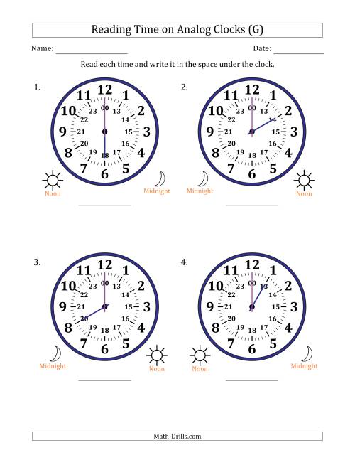 The Reading 24 Hour Time on Analog Clocks in One Hour Intervals (4 Large Clocks) (G) Math Worksheet