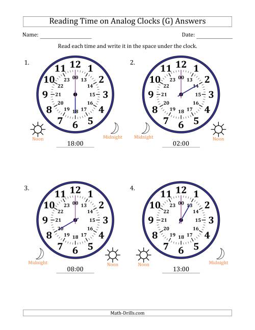The Reading 24 Hour Time on Analog Clocks in One Hour Intervals (4 Large Clocks) (G) Math Worksheet Page 2