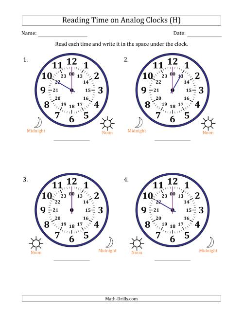 The Reading 24 Hour Time on Analog Clocks in One Hour Intervals (4 Large Clocks) (H) Math Worksheet