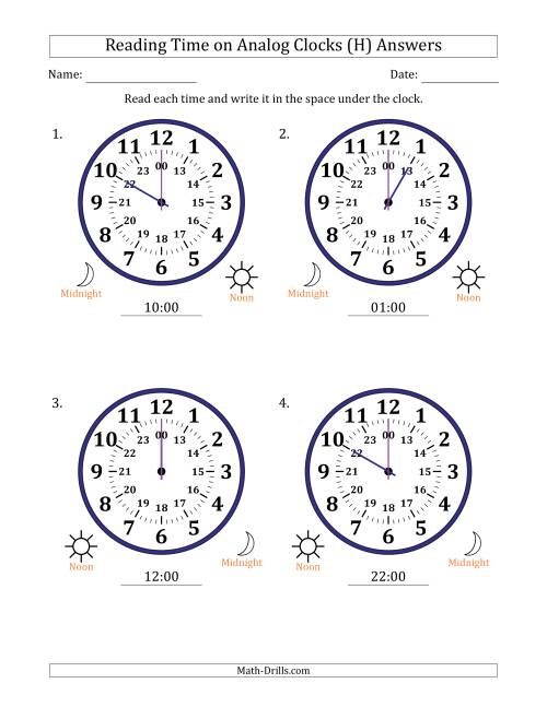 The Reading 24 Hour Time on Analog Clocks in One Hour Intervals (4 Large Clocks) (H) Math Worksheet Page 2