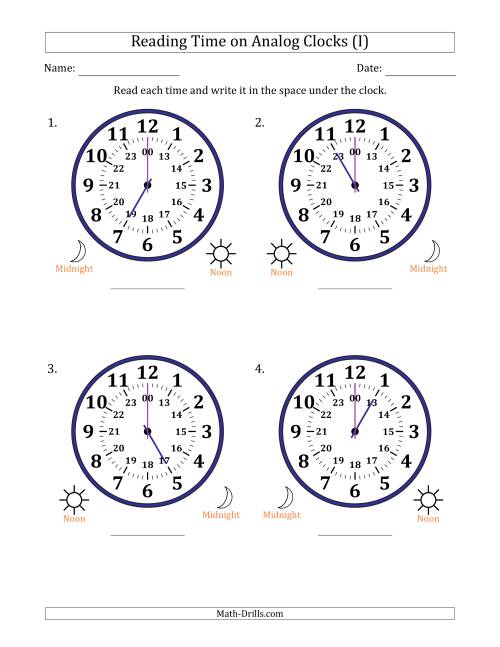 The Reading 24 Hour Time on Analog Clocks in One Hour Intervals (4 Large Clocks) (I) Math Worksheet