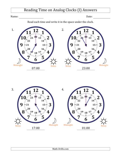 The Reading 24 Hour Time on Analog Clocks in One Hour Intervals (4 Large Clocks) (I) Math Worksheet Page 2