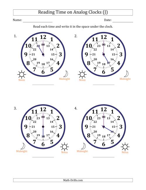 The Reading 24 Hour Time on Analog Clocks in One Hour Intervals (4 Large Clocks) (J) Math Worksheet