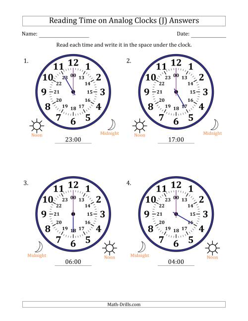 The Reading 24 Hour Time on Analog Clocks in One Hour Intervals (4 Large Clocks) (J) Math Worksheet Page 2