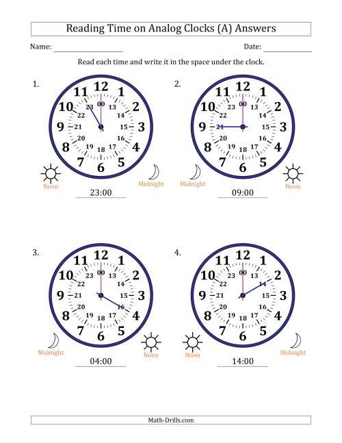 The Reading 24 Hour Time on Analog Clocks in One Hour Intervals (4 Large Clocks) (All) Math Worksheet Page 2