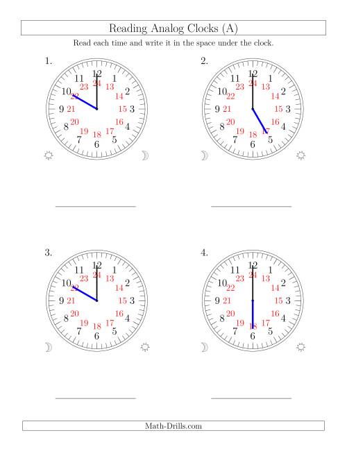 The Reading Time on 24 Hour Analog Clocks in One Hour Intervals (Large Clocks) (Old) Math Worksheet