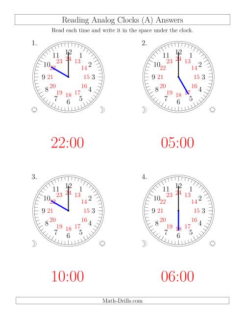 The Reading Time on 24 Hour Analog Clocks in One Hour Intervals (Large Clocks) (Old) Math Worksheet Page 2