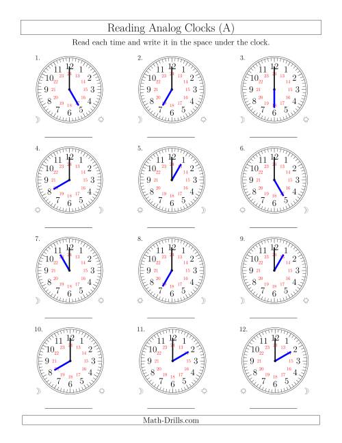 The Reading Time on 24 Hour Analog Clocks in Hour Intervals (Old) Math Worksheet