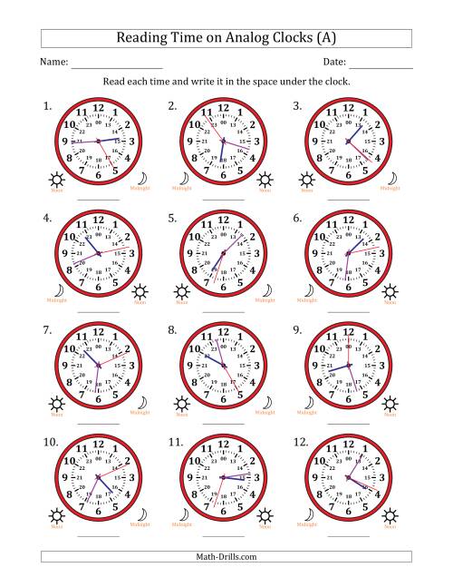 The Reading 24 Hour Time on Analog Clocks in 1 Second Intervals (12 Clocks) (A) Math Worksheet