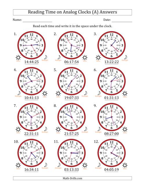 The Reading 24 Hour Time on Analog Clocks in 1 Second Intervals (12 Clocks) (A) Math Worksheet Page 2