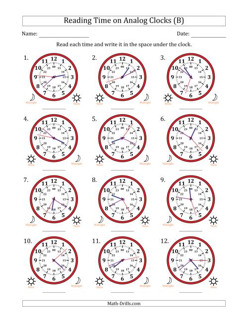 The Reading 24 Hour Time on Analog Clocks in 1 Second Intervals (12 Clocks) (B) Math Worksheet