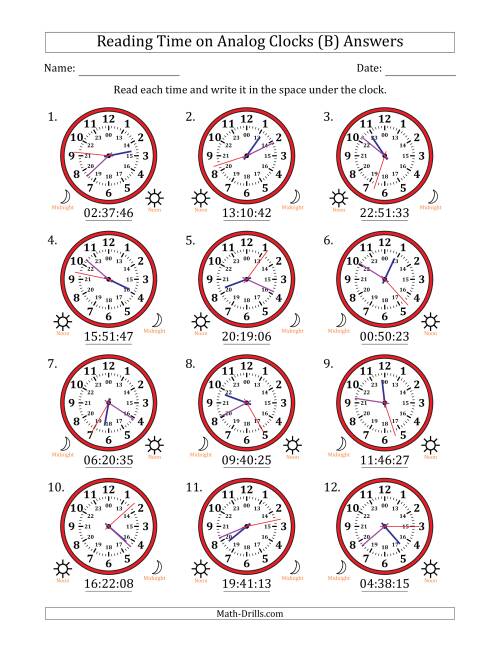 The Reading 24 Hour Time on Analog Clocks in 1 Second Intervals (12 Clocks) (B) Math Worksheet Page 2