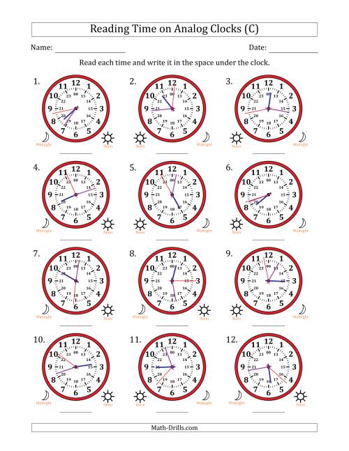 The Reading 24 Hour Time on Analog Clocks in 1 Second Intervals (12 Clocks) (C) Math Worksheet
