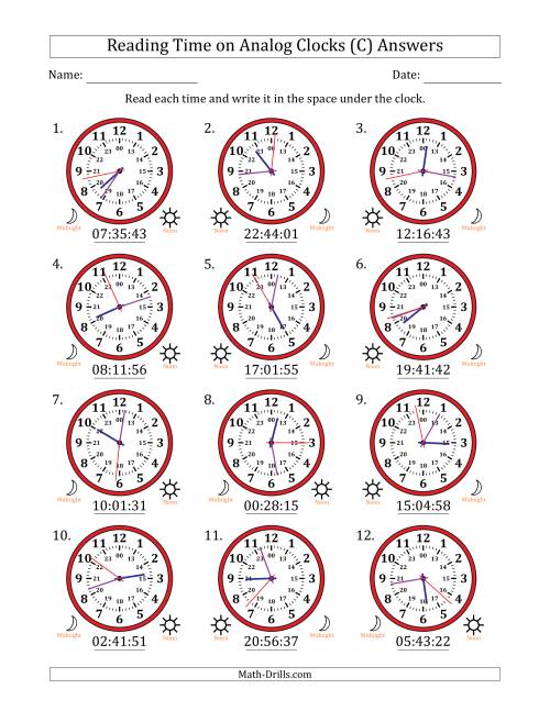 The Reading 24 Hour Time on Analog Clocks in 1 Second Intervals (12 Clocks) (C) Math Worksheet Page 2