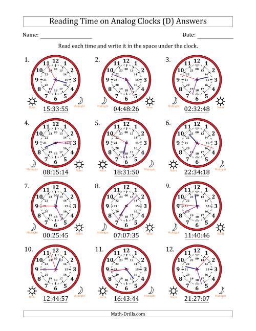 The Reading 24 Hour Time on Analog Clocks in 1 Second Intervals (12 Clocks) (D) Math Worksheet Page 2