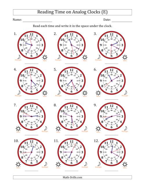 The Reading 24 Hour Time on Analog Clocks in 1 Second Intervals (12 Clocks) (E) Math Worksheet