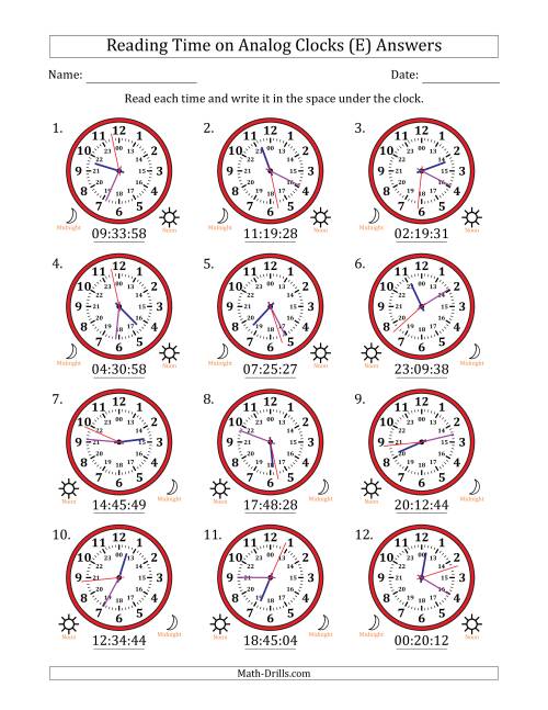 The Reading 24 Hour Time on Analog Clocks in 1 Second Intervals (12 Clocks) (E) Math Worksheet Page 2