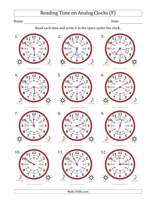 The Reading 24 Hour Time on Analog Clocks in 1 Second Intervals (12 Clocks) (F) Math Worksheet