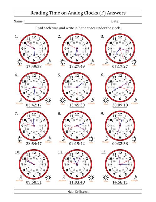The Reading 24 Hour Time on Analog Clocks in 1 Second Intervals (12 Clocks) (F) Math Worksheet Page 2