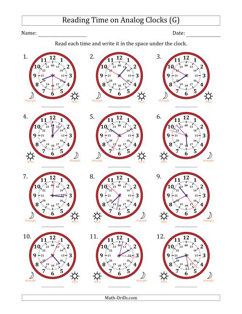 The Reading 24 Hour Time on Analog Clocks in 1 Second Intervals (12 Clocks) (G) Math Worksheet