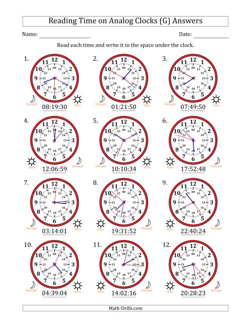 The Reading 24 Hour Time on Analog Clocks in 1 Second Intervals (12 Clocks) (G) Math Worksheet Page 2