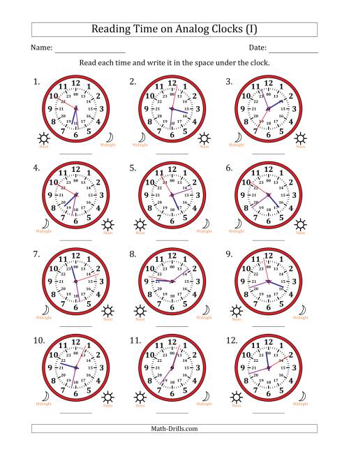 The Reading 24 Hour Time on Analog Clocks in 1 Second Intervals (12 Clocks) (I) Math Worksheet