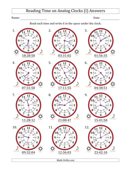 The Reading 24 Hour Time on Analog Clocks in 1 Second Intervals (12 Clocks) (I) Math Worksheet Page 2