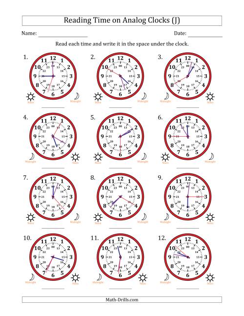 The Reading 24 Hour Time on Analog Clocks in 1 Second Intervals (12 Clocks) (J) Math Worksheet