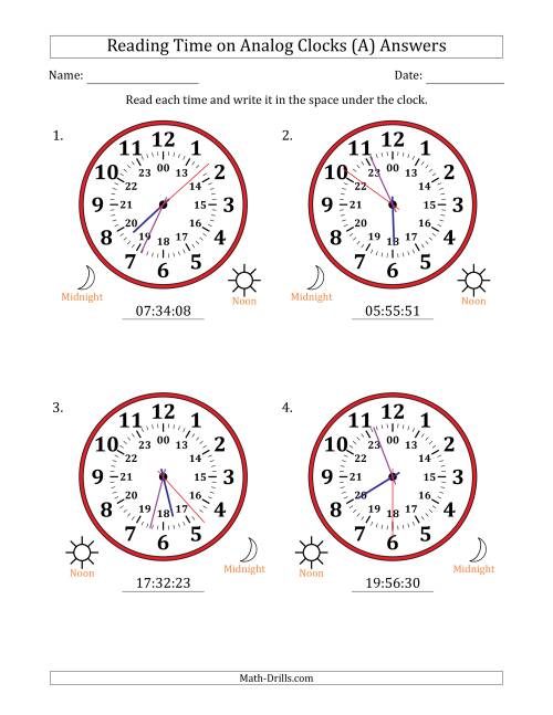 The Reading 24 Hour Time on Analog Clocks in 1 Second Intervals (4 Large Clocks) (A) Math Worksheet Page 2