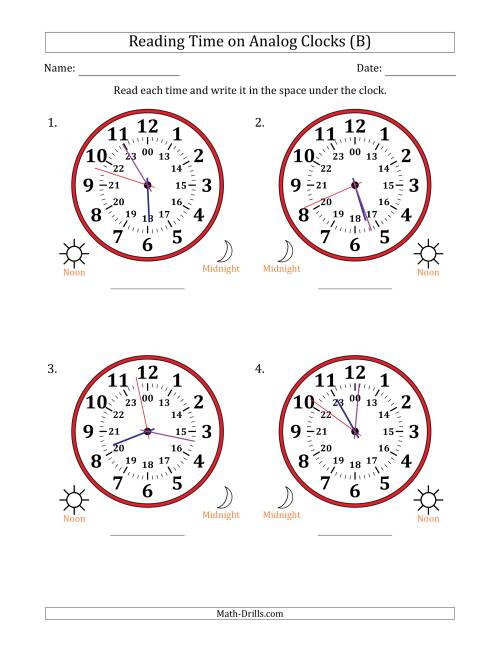 The Reading 24 Hour Time on Analog Clocks in 1 Second Intervals (4 Large Clocks) (B) Math Worksheet