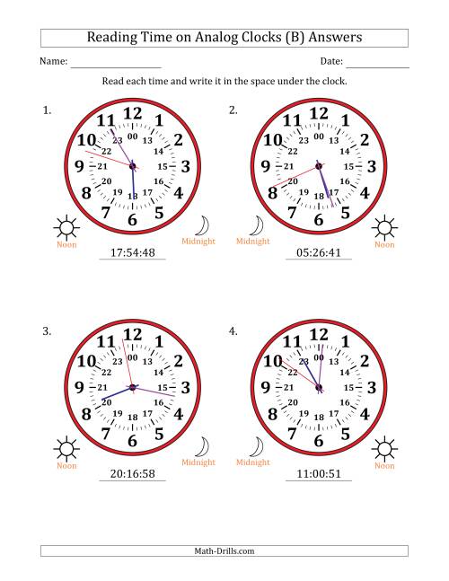 The Reading 24 Hour Time on Analog Clocks in 1 Second Intervals (4 Large Clocks) (B) Math Worksheet Page 2
