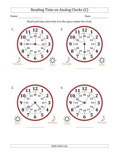 The Reading 24 Hour Time on Analog Clocks in 1 Second Intervals (4 Large Clocks) (C) Math Worksheet