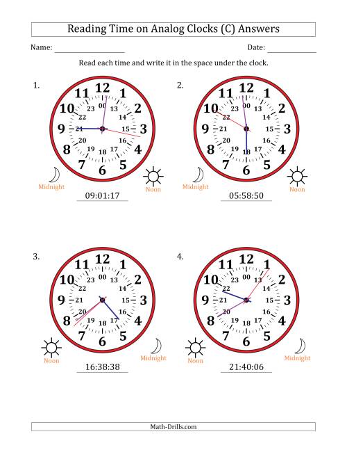 The Reading 24 Hour Time on Analog Clocks in 1 Second Intervals (4 Large Clocks) (C) Math Worksheet Page 2