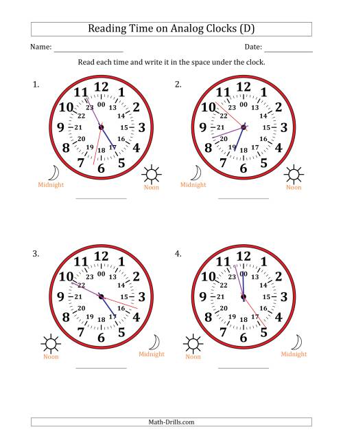 The Reading 24 Hour Time on Analog Clocks in 1 Second Intervals (4 Large Clocks) (D) Math Worksheet