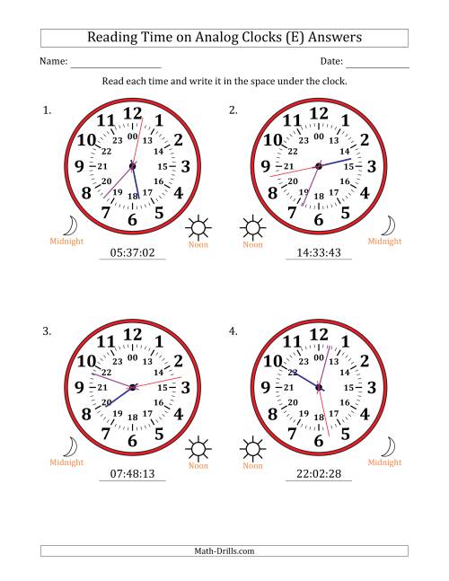 The Reading 24 Hour Time on Analog Clocks in 1 Second Intervals (4 Large Clocks) (E) Math Worksheet Page 2