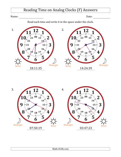 The Reading 24 Hour Time on Analog Clocks in 1 Second Intervals (4 Large Clocks) (F) Math Worksheet Page 2