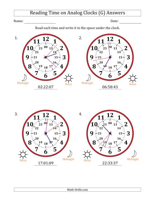 The Reading 24 Hour Time on Analog Clocks in 1 Second Intervals (4 Large Clocks) (G) Math Worksheet Page 2