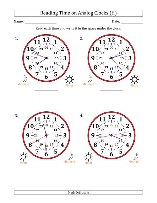 The Reading 24 Hour Time on Analog Clocks in 1 Second Intervals (4 Large Clocks) (H) Math Worksheet