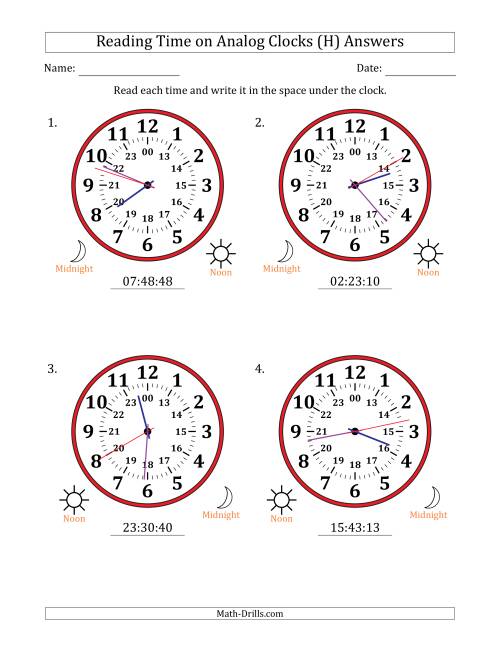 The Reading 24 Hour Time on Analog Clocks in 1 Second Intervals (4 Large Clocks) (H) Math Worksheet Page 2