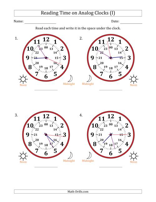The Reading 24 Hour Time on Analog Clocks in 1 Second Intervals (4 Large Clocks) (I) Math Worksheet