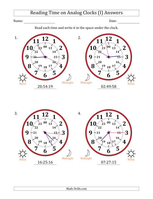 The Reading 24 Hour Time on Analog Clocks in 1 Second Intervals (4 Large Clocks) (I) Math Worksheet Page 2