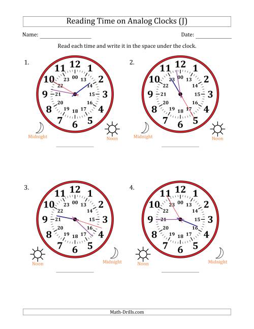 The Reading 24 Hour Time on Analog Clocks in 1 Second Intervals (4 Large Clocks) (J) Math Worksheet