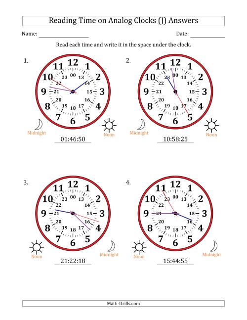 The Reading 24 Hour Time on Analog Clocks in 1 Second Intervals (4 Large Clocks) (J) Math Worksheet Page 2