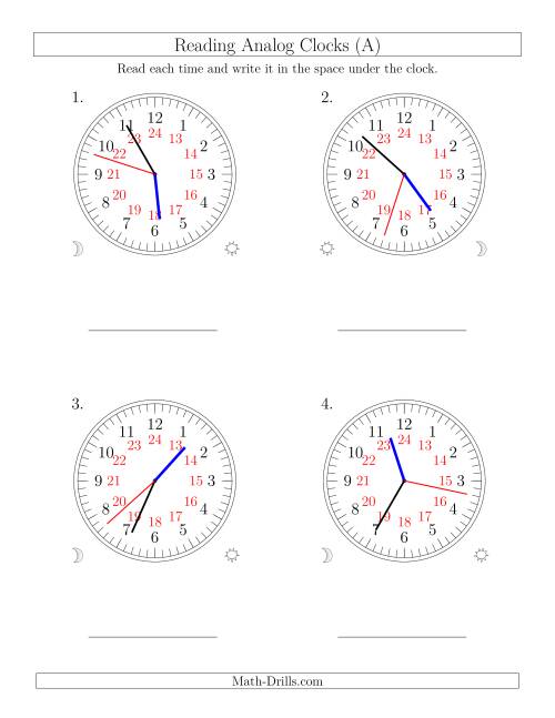 The Reading Time on 24 Hour Analog Clocks in 1 Second Intervals (Large Clocks) (Old) Math Worksheet