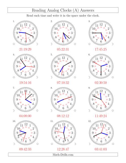 The Reading Time on 24 Hour Analog Clocks to the Second (Old) Math Worksheet Page 2