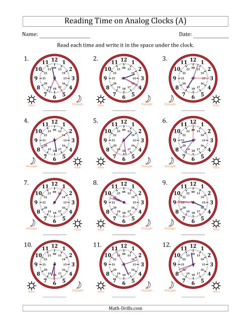 The Reading 24 Hour Time on Analog Clocks in 5 Second Intervals (12 Clocks) (A) Math Worksheet