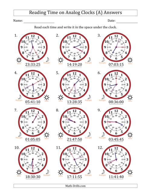 The Reading 24 Hour Time on Analog Clocks in 5 Second Intervals (12 Clocks) (A) Math Worksheet Page 2